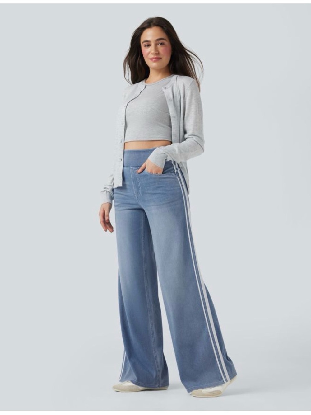👖🩶🔥 NWT Halara Powder Blue Striped Wide Leg Denim Pants‎